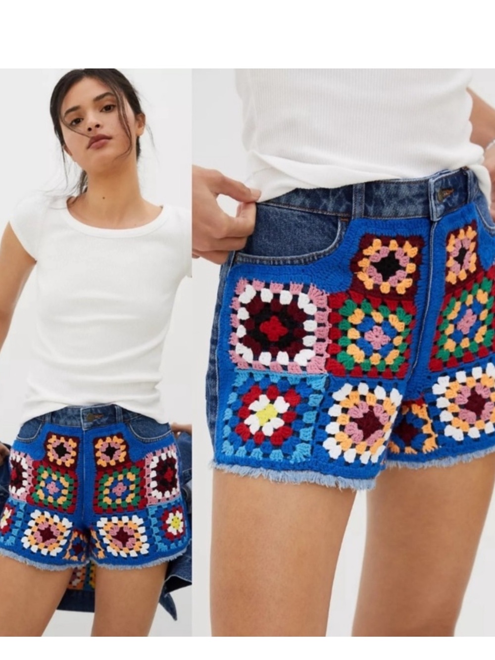 Anthropologie Farm Rio Colorful Crochet Patchwork Denim Shorts High Waisted